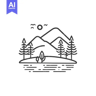 Popular premium asset: Line Art Illustration of Mountains, Trees, Sun, and Water