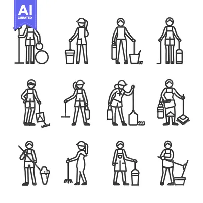 Aset desain premium: Line Art Illustration of People Cleaning and Maintaining