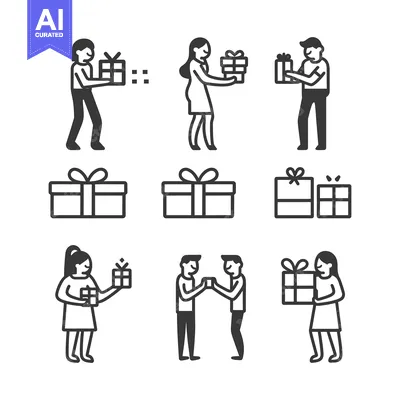 Aset premium populer: Line Art Illustration of People Giving and Receiving Gifts