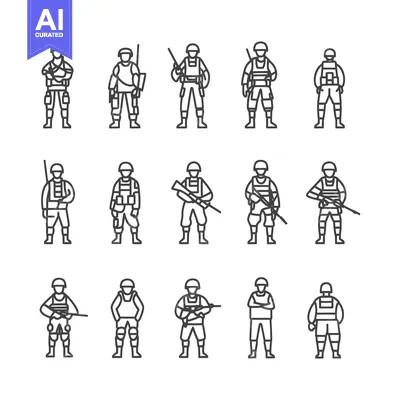 Aset desain premium: Line Art Illustration of Soldiers in Various Poses and Gear