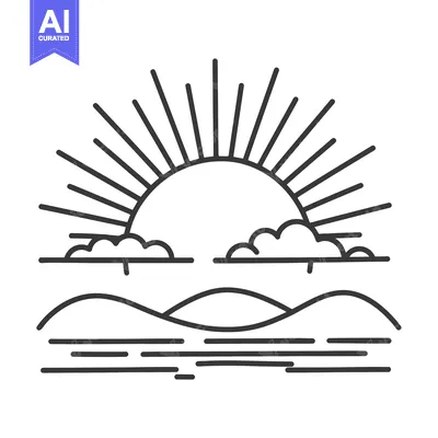 Aset desain premium: Line Art Illustration of Sunrise over a Lake and Hills