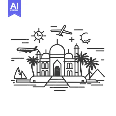 Popular premium asset: Line Art Illustration of the Taj Mahal with Palm Trees and Airplanes