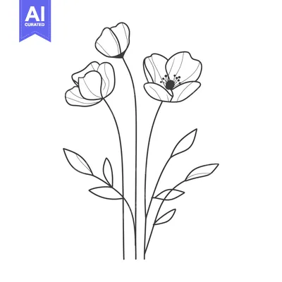 Aset desain premium: Line art illustration of three blooming flowers and leaves