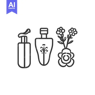 Aset desain premium: Line Art Illustration of Three Bottles of Perfume with Floral Motifs