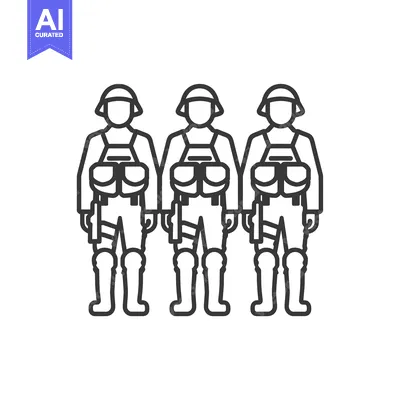 Aset desain premium: Line art illustration of three soldiers standing in a row