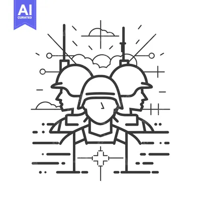Aset desain premium: Line art illustration of three soldiers with helmets and weapons in a