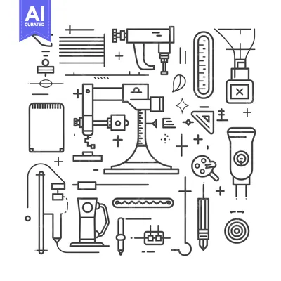 Aset desain premium: Line Art Illustration of Tools and Equipment for Measuring, Drawing, a