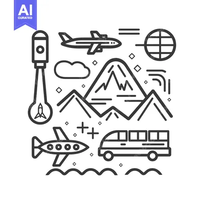 Aset premium populer: Line Art Illustration of Travel and Transportation Icons