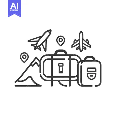 Premium design asset: Line Art Illustration of Travel Essentials with Suitcases, Airplanes,