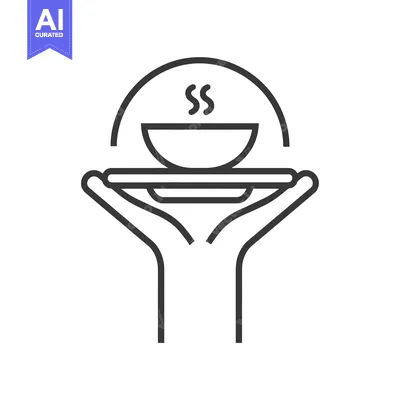 Aset desain premium: Line Art Illustration of Two Hands Holding a Tray with a Bowl of Soup
