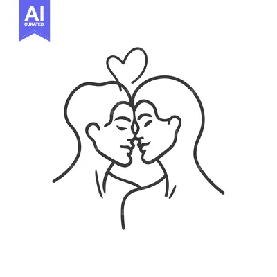 Popular premium asset: Line Art Illustration of Two People Kissing with a Heart Above Them