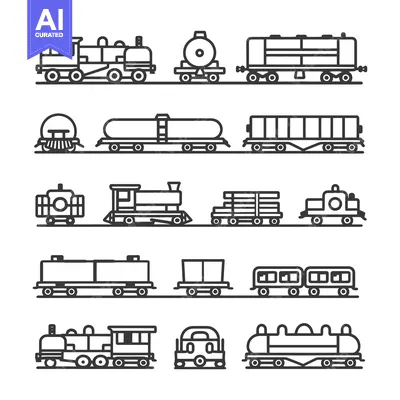Line Art Illustration of Various Types of Train Cars
