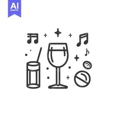 Aset premium populer: Line Art Illustration of Wine Glass, Cocktail, Music Notes, and Plus S