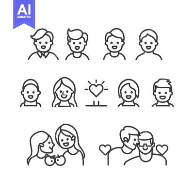 Aset desain premium: Line art illustrations depicting various stages of love and relationsh