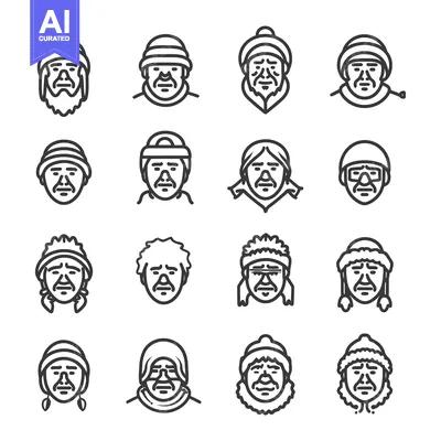 Line art illustrations of 16 unique male faces wearing winter hats and