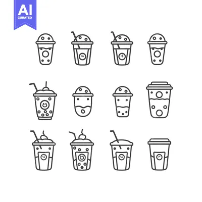 Aset premium populer: Line Art Illustrations of Bubble Tea Drinks in Cups with Straws