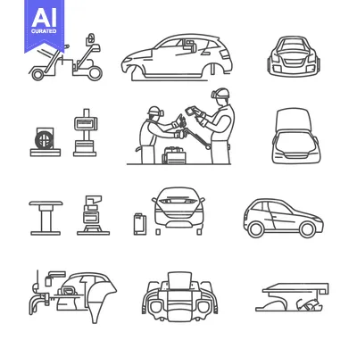 Line Art Illustrations of Car Repair and Maintenance Processes