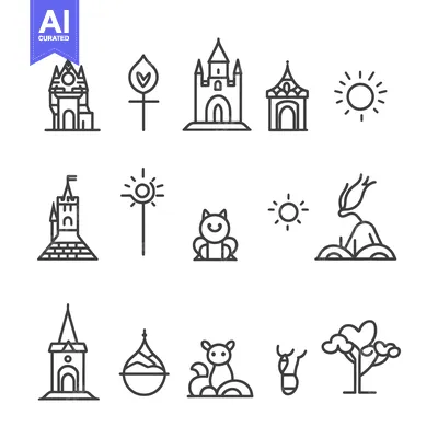 Aset premium populer: Line Art Illustrations of Castles, Sun, Animals, and Plants
