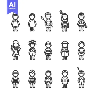 Aset premium populer: Line Art Illustrations of Children in Various Cultural Clothing