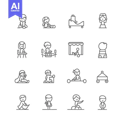 Aset desain premium: Line Art Illustrations of Children Playing with Toys