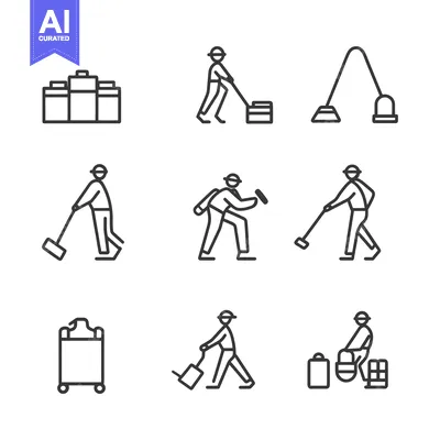 Popular premium asset: Line Art Illustrations of Cleaning Service Workers and Equipment
