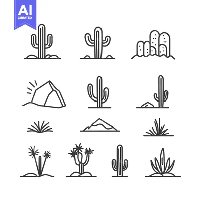 Line Art Illustrations of Desert Plants and Landscapes