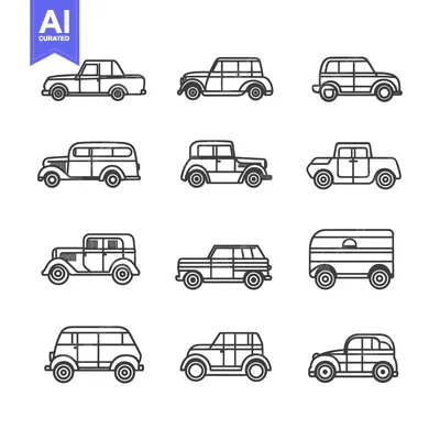 Aset premium populer: Line Art Illustrations of Different Types of Cars