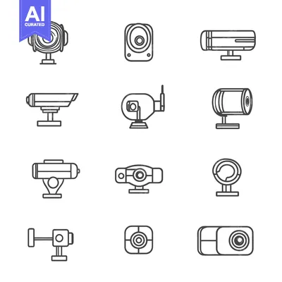Aset desain premium: Line Art Illustrations of Different Types of Security Cameras