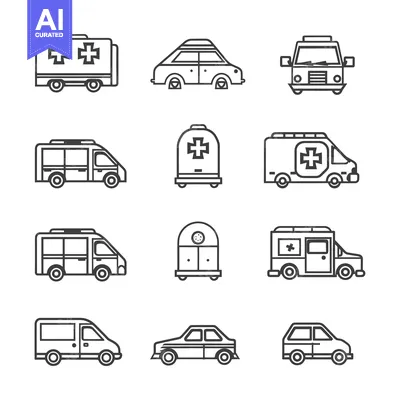 Aset desain premium: Line Art Illustrations of Different Vehicles Including Cars, Vans, and