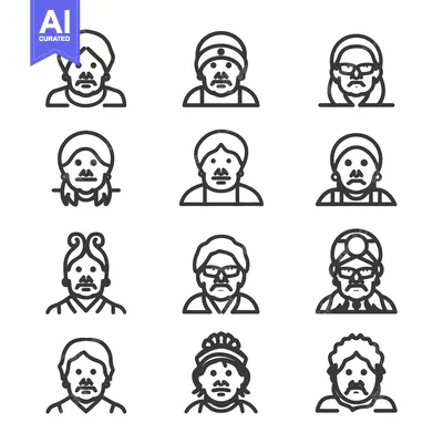 Premium design asset: Line Art Illustrations of Diverse Individuals with Mustaches