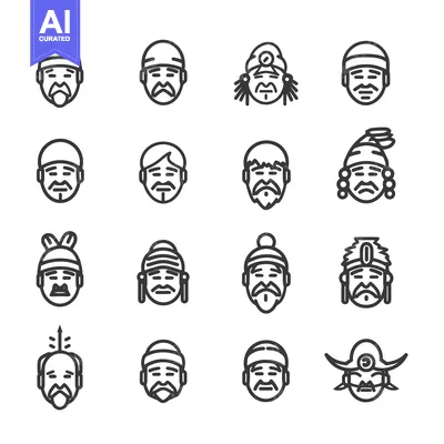 Aset desain premium: Line Art Illustrations of Diverse Male Faces with Headwear