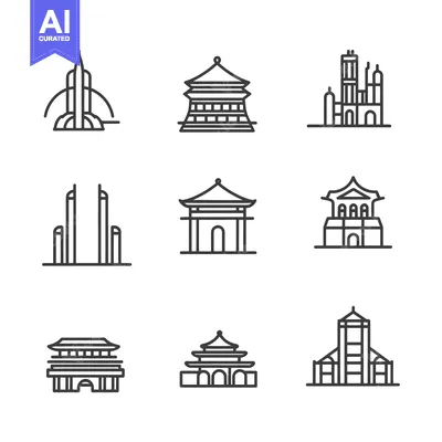 Aset desain premium: Line Art Illustrations of Famous Architectural Landmarks