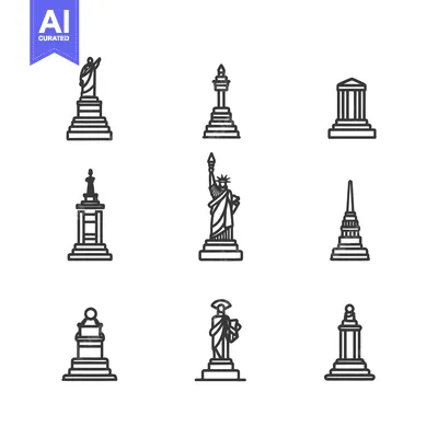 Aset desain premium: Line Art Illustrations of Famous Statues and Monuments