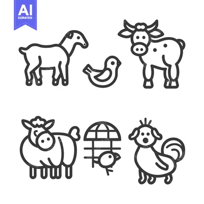 Aset desain premium: Line Art Illustrations of Farm Animals and a Bird