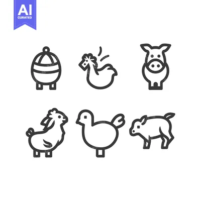 Aset premium populer: Line Art Illustrations of Farm Animals and a Bird