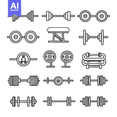 Aset desain premium: Line art illustrations of gym equipment, including barbells and a weig