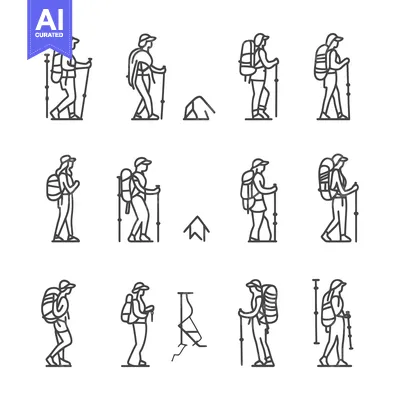 Aset desain premium: Line Art Illustrations of Hikers with Backpacks and Trekking Poles