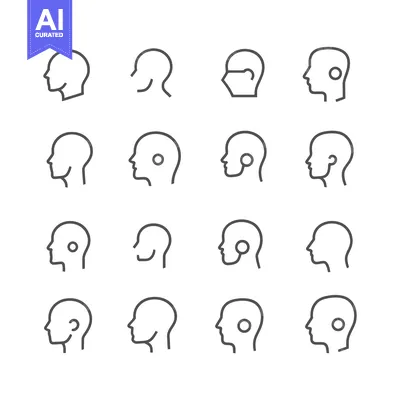 Aset premium populer: Line art illustrations of human heads in profile, some with a circle m