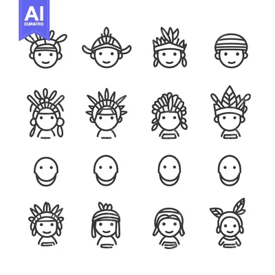 Aset premium populer: Line Art Illustrations of Indigenous People with Various Headwear