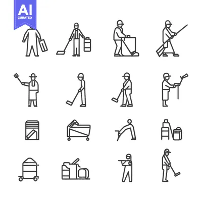 Line Art Illustrations of Janitorial and Cleaning Staff with Equipment