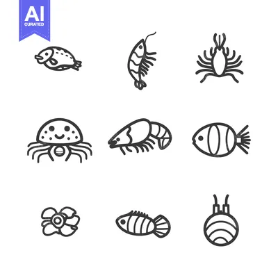Aset desain premium: Line Art Illustrations of Marine Life and Flora