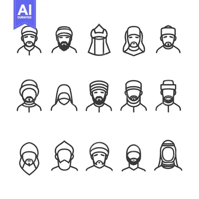 Aset desain premium: Line Art Illustrations of Muslim Men and Women Wearing Traditional Hea