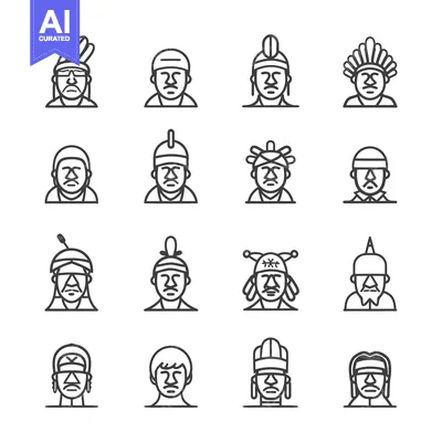 Aset desain premium: Line Art Illustrations of Native American Head Portraits with Various