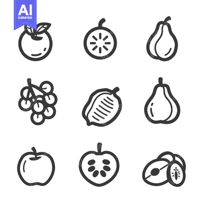 Line Art Illustrations of Nine Different Fruits