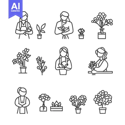 Aset desain premium: Line Art Illustrations of People Caring for Potted Plants
