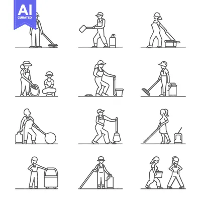 Aset desain premium: Line Art Illustrations of People Cleaning with Various Tools