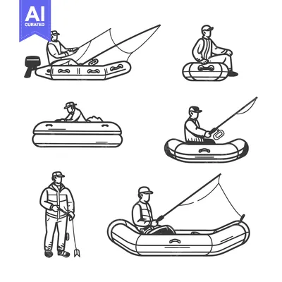 Aset premium populer: Line Art Illustrations of People Fishing From Inflatable Boats