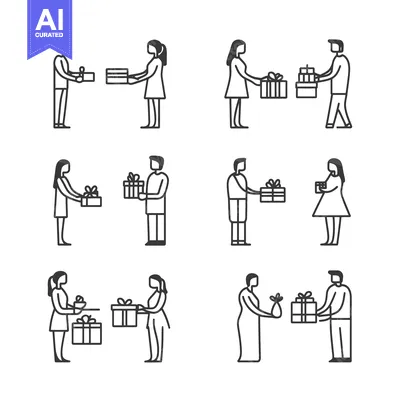 Aset desain premium: Line Art Illustrations of People Giving Gifts