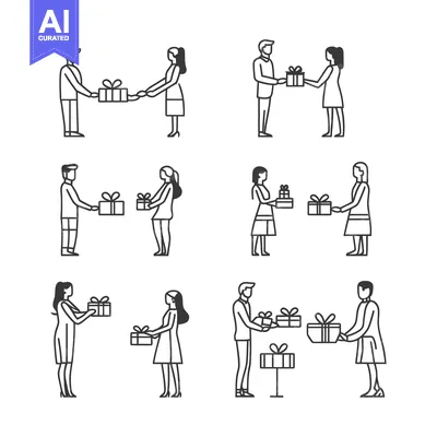 Aset desain premium: Line Art Illustrations of People Giving Gifts