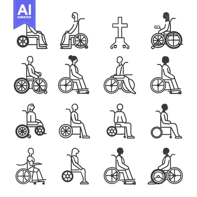 Aset desain premium: Line Art Illustrations of People in Wheelchairs